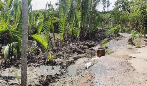 Đường dân sinh bị sạt lở gần như toàn bộ. Ảnh: Nam Thái – TTXVN Đường dân sinh bị sạt lở gần như toàn bộ. Ảnh: Nam Thái – TTXVN