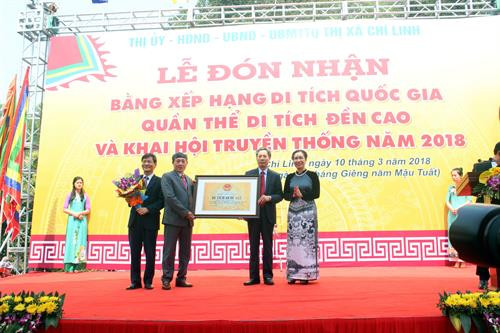 Thứ trưởng Bộ Văn hóa, Thể thao và Du lịch Đặng Thị Bích Liên (ngoài cùng bên phải) trao Bằng xếp hạng di tích quốc gia di tích lịch sử và kiến trúc nghệ thuật cho Quần thể Đền Cao cho đại diện lãnh đạo tỉnh Hải Dương và thị xã Chí Linh. Ảnh: Mạnh Tú - TTXVN Thứ trưởng Bộ Văn hóa, Thể thao và Du lịch Đặng Thị Bích Liên (ngoài cùng bên phải) trao Bằng xếp hạng di tích quốc gia di tích lịch sử và kiến trúc nghệ thuật cho Quần thể Đền Cao cho đại diện lãnh đạo tỉnh Hải Dương và thị xã Chí Linh. Ảnh: Mạnh Tú - TTXVN