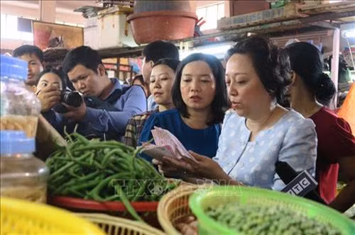 Bà Phạm Khánh Phong Lan, Trưởng Ban Quản lý an toàn thực phẩm, kiểm tra tại Chợ Phú Lâm (Quận 6). Ảnh: Đinh Hằng - TTXVN