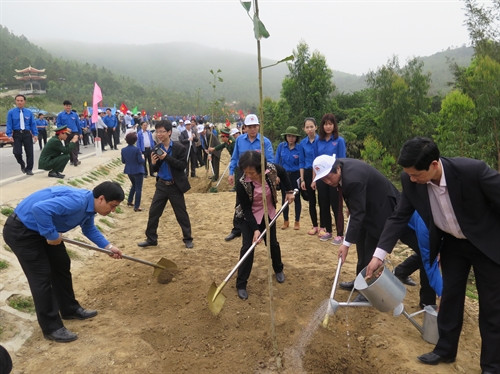Các đoàn viên, thanh niên trồng cây tại đường dẫn lên mộ Đại tướng Võ Nguyên Giáp. Ảnh: Đức Thọ- TTXVN Các đoàn viên, thanh niên trồng cây tại đường dẫn lên mộ Đại tướng Võ Nguyên Giáp. Ảnh: Đức Thọ- TTXVN