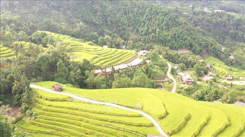 Ở Hoàng Su Phì đã có nhiều hộ gia đình làm nhà theo lối kiến trúc truyền thống bên những thửa ruộng bậc thang để phục vụ du khác. Ảnh: Nguyễn Chiến - TTXVN