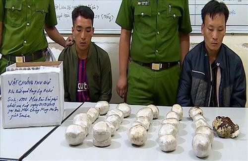 Hai đối tượng cùng tang vật tại Cơ quan Công an. Ảnh: TTXVN phát Hai đối tượng cùng tang vật tại Cơ quan Công an. Ảnh: TTXVN phát