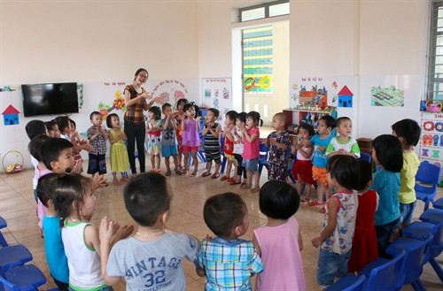 Cô giáo Hoàng Thị Lan dạy các em học sinh trường Mầm non xã Nghi Hưng múa hát. Cô giáo Hoàng Thị Lan dạy các em học sinh trường Mầm non xã Nghi Hưng múa hát.