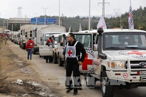 Xe chở hàng cứu trợ tới khu vực ngoại ô Madaya ngày 11/1. AFP/TTXVN Xe chở hàng cứu trợ tới khu vực ngoại ô Madaya ngày 11/1. AFP/TTXVN