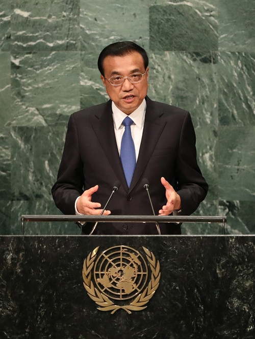 Thủ tướng Lý Khắc Cường phát biểu tại phiên họp cấp cao Đại Hội đồng LHQ ở New York ngày 21/9. EPA/TTXVN