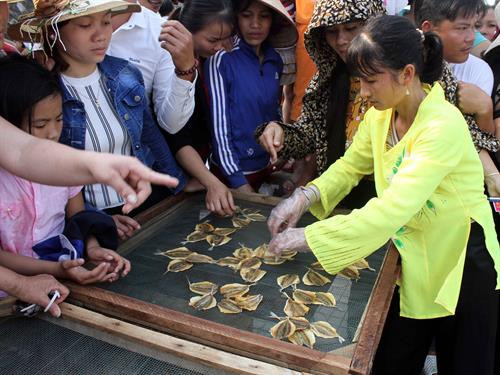 Trò chơi bịt mắt trao cá để phơi tại Lễ hội Đền Cờn. Ảnh: Tá Chuyên – TTXVN Trò chơi bịt mắt trao cá để phơi tại Lễ hội Đền Cờn. Ảnh: Tá Chuyên – TTXVN