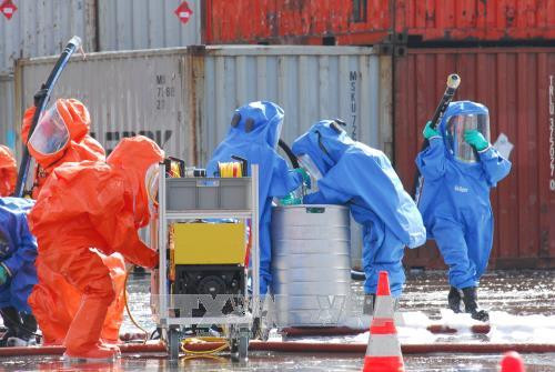 Lực lượng tiến hành thu gom hóa chất. Ảnh: Mạnh Linh-TTXVN