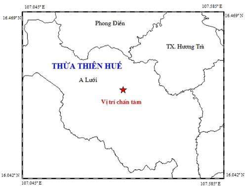 Vị trí tâm chấn nằm ở vùng núi huyện A Lưới. Ảnh: igp-vast.vn Vị trí tâm chấn nằm ở vùng núi huyện A Lưới. Ảnh: igp-vast.vn