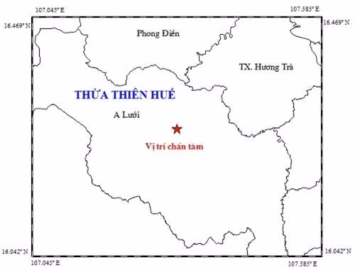 Vị trí tâm chấn nằm ở vùng núi huyện A Lưới. Ảnh: igp-vast.vn