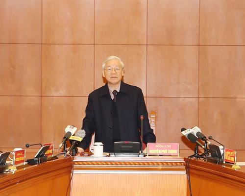 Tổng Bí thư Nguyễn Phú Trọng, Trưởng Ban Chỉ đạo Trung ương về phòng chống tham nhũng phát biểu chỉ đạo cuộc họp. Ảnh: Trí Dũng – TTXVN..