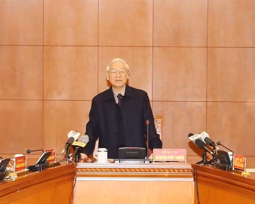 Tổng Bí thư Nguyễn Phú Trọng, Trưởng Ban Chỉ đạo Trung ương về phòng chống tham nhũng phát biểu chỉ đạo cuộc họp. Ảnh: Trí Dũng – TTXVN..