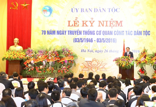 Chủ tịch nước Trần Đại Quang phát biểu tại Lễ kỷ niệm 70 năm Ngày truyền thống Cơ quan công tác Dân tộc (3/5/1946 - 3/5/2016). Ảnh: Nhan Sáng-TTXVN Chủ tịch nước Trần Đại Quang phát biểu tại Lễ kỷ niệm 70 năm Ngày truyền thống Cơ quan công tác Dân tộc (3/5/1946 - 3/5/2016). Ảnh: Nhan Sáng-TTXVN