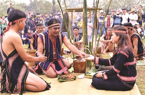 Già làng thực hiện nghi thức cô dâu, chú rể mời nhau xôi, thịt gà Già làng thực hiện nghi thức cô dâu, chú rể mời nhau xôi, thịt gà