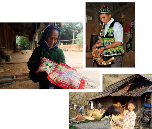 Phụ nữ thêu váy dưới hiên, thanh niên thổi khèn trong nhà và đám trẻ con vui đùa ngoài sân Phụ nữ thêu váy dưới hiên, thanh niên thổi khèn trong nhà và đám trẻ con vui đùa ngoài sân