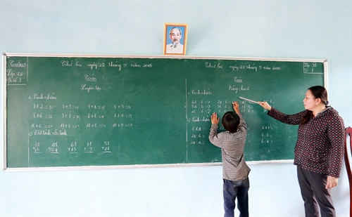 Do thiếu phòng học, tại điểm trường thôn 3 và thôn 4, bảng được chia làm đôi để giáo viên có thể dạy song song hai lớp với nhau trong một phòng học. Do thiếu phòng học, tại điểm trường thôn 3 và thôn 4, bảng được chia làm đôi để giáo viên có thể dạy song song hai lớp với nhau trong một phòng học.