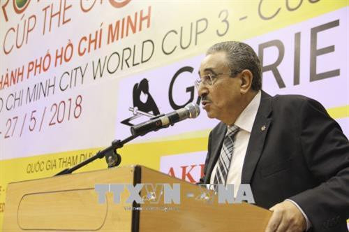 Ông Farouk Barky, Chủ tịch Liên đoàn Billiards thế giới, phát biểu tại lễ khai mạc. Ảnh: Xuân Dự - TTXVN