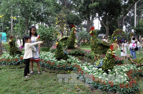 Người dân háo hức đến tham quan và chụp ảnh tại Hội Hoa xuân Đinh Dậu. Ảnh: Phương Vy – TTXVN