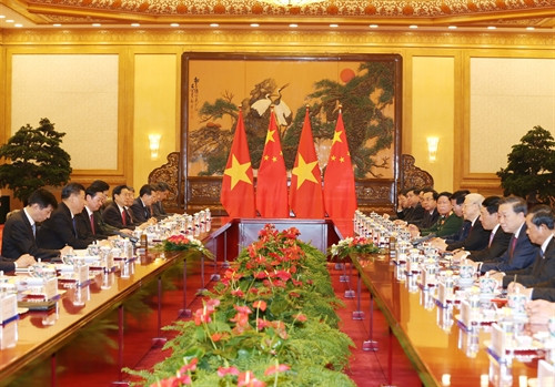 Tổng Bí thư Nguyễn Phú Trọng hội đàm với Tổng Bí thư, Chủ tịch nước Trung Quốc Tập Cận Bình. Ảnh: Trí Dũng – TTXVN