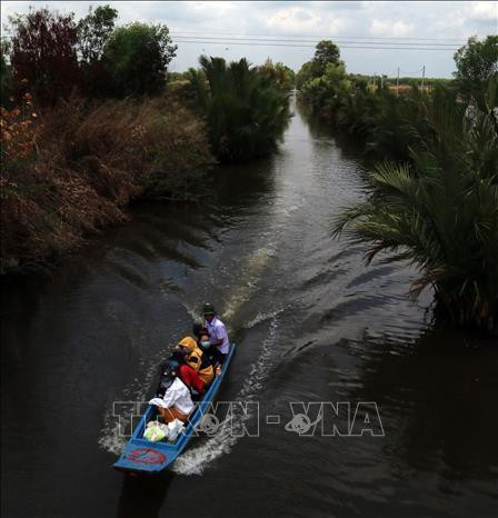 Các em học sinh ở Tiểu khu 34, ấp Cán Gáo đến trường bằng thuyền. Ảnh: Lê Sen - TTXVN Các em học sinh ở Tiểu khu 34, ấp Cán Gáo đến trường bằng thuyền. Ảnh: Lê Sen - TTXVN