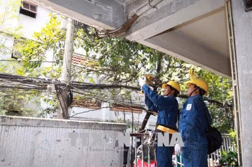Công ty Điện lực Phú Thọ khảo sát hệ thống điện tại chung cư Ngô Gia Tự (quận 10). Ảnh: Thanh Vũ – TTXVN