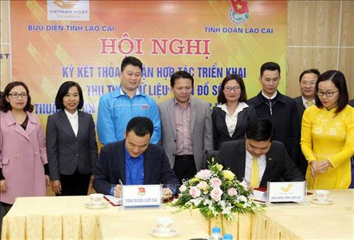 Ký kết thỏa thuận hợp tác giữa Tỉnh đoàn Lào Cai và Bưu điện tỉnh. Ảnh: Quốc Khánh – TTXVN Ký kết thỏa thuận hợp tác giữa Tỉnh đoàn Lào Cai và Bưu điện tỉnh. Ảnh: Quốc Khánh – TTXVN
