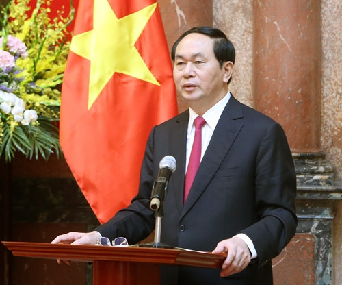 Chủ tịch nước Trần Đại Quang phát biểu tại buổi gặp mặt. Ảnh: Nhan Sáng-TTXVN