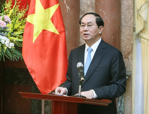 Chủ tịch nước Trần Đại Quang phát biểu tại buổi gặp mặt. Ảnh: Nhan Sáng-TTXVN