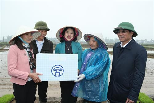 Phó Bí thư Thường trực Thành ủy Hà Nội Ngô Thị Thanh Hằng và đoàn công tác của Ban Chỉ đạo Chương trình số 02-CTr/TU kiểm tra mô hình mạ khay, máy cấy tại xã Hương Ngải, huyện Thạch Thất (Hà Nội). Phó Bí thư Thường trực Thành ủy Hà Nội Ngô Thị Thanh Hằng và Giám đốc Sở Nông nghiệp và Phát triển nông thôn Hà Nội Chu Phú Mỹ trao đổi kinh nghiệm về việc áp dụng mô hình mạ khay, máy cấy trên địa bàn huyện Thạch Thất (Hà Nội). Phó Bí thư Thường trực Thành ủy Hà Nội Ngô Thị Thanh Hằng thăm hỏi, chúc mừng năm mới một số nông dân và thành viên Hợp tác xã Nông nghiệp xã Hương Ngải. Phó Bí thư Thường trực Thành ủy Hà Nội Ngô Thị Thanh Hằng tặng quà nông dân xã Hương Ngải, huyện Thạch Thất (Hà Nội).