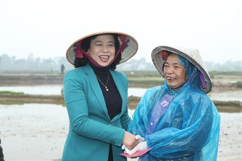 Phó Bí thư Thường trực Thành ủy Hà Nội Ngô Thị Thanh Hằng và đoàn công tác của Ban Chỉ đạo Chương trình số 02-CTr/TU kiểm tra mô hình mạ khay, máy cấy tại xã Hương Ngải, huyện Thạch Thất (Hà Nội). Phó Bí thư Thường trực Thành ủy Hà Nội Ngô Thị Thanh Hằng và Giám đốc Sở Nông nghiệp và Phát triển nông thôn Hà Nội Chu Phú Mỹ trao đổi kinh nghiệm về việc áp dụng mô hình mạ khay, máy cấy trên địa bàn huyện Thạch Thất (Hà Nội). Phó Bí thư Thường trực Thành ủy Hà Nội Ngô Thị Thanh Hằng thăm hỏi, chúc mừng năm mới một số nông dân và thành viên Hợp tác xã Nông nghiệp xã Hương Ngải. Phó Bí thư Thường trực Thành ủy Hà Nội Ngô Thị Thanh Hằng tặng quà nông dân xã Hương Ngải, huyện Thạch Thất (Hà Nội).
