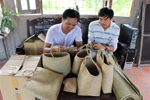 Khách hàng chọn mua sản phẩm từ cỏ bàng tại một cơ sở của huyện Đức Huệ. Ảnh: Đức Hạnh - TTXVN