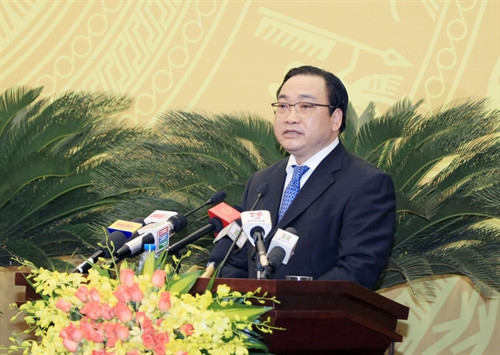 Sáng 5/12/2016, tại Hà Nội, Hội đồng Nhân dân Thành phố Hà Nội, Khoá XV, nhiệm kỳ 2016 - 2021 khai mạc Kỳ họp thứ ba. Trong ảnh: Đồng chí Hoàng Trung Hải, Uỷ viên Bộ Chính trị, Bí thư Thành uỷ Thành phố Hà Nội phát biểu. Ảnh: Phạm Kiên – TTXVN