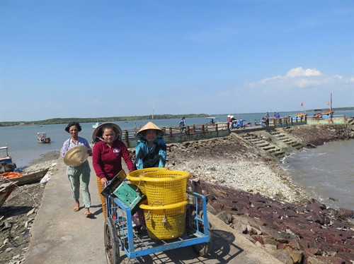 Thủy sản đánh bắt được của các ngư dân được thương lái thu mua ngay tại bến tàu. Ảnh: Thạch RoBer