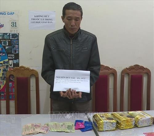 Đối tượng Nguyễn Duy Sáu (sinh năm 1972, trú tại xã Chiềng Hắc, huyện Mộc Châu, tỉnh Sơn La), cùng tang vật. Ảnh: TTXVN