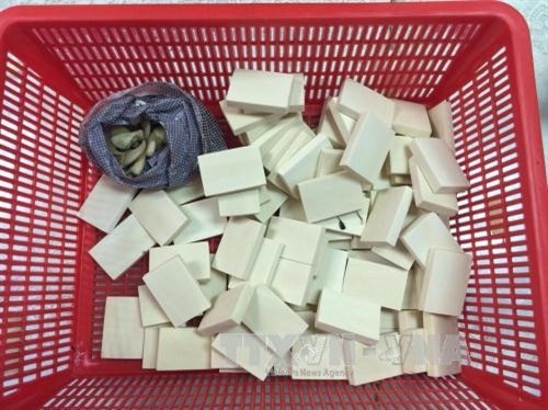 Số ngà voi được cắt khúc bị thu giữ. Ảnh: Anh Tuấn - TTXVN Số ngà voi được cắt khúc bị thu giữ. Ảnh: Anh Tuấn - TTXVN