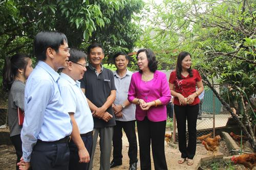 Phó Bí thư Thường trực Thành ủy Hà Nội Ngô Thị Thanh Hằng thăm quan Mô hình trang trại tổng hợp của hộ gia đình ông Đặng Quang Tiến ở xã Minh Phú, huyện Sóc Sơn (Hà Nội).