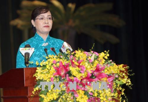 Chủ tịch Hội đồng Nhân dân Thành phố Hồ Chí Minh Nguyễn Thị Quyết Tâm phát biểu khai mạc cuộc họp. Ảnh: Quang Nhựt - TTXVN