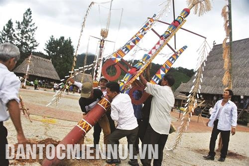 Cây nêu được dựng trước nhà Gươl - vị trí trung tâm của buôn làng. Ảnh: Nguyễn Văn Sơn