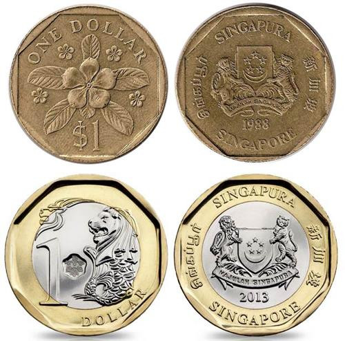 Đồng một đôla Singapore thay đổi thiết kế theo thời gian. Ảnh: Worldofcoins. Đồng một đôla Singapore thay đổi thiết kế theo thời gian. Ảnh: Worldofcoins.