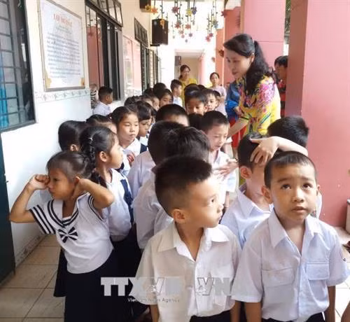Học sinh xếp hàng vào lớp tại Trường Tiểu học Lương Thế Vinh, quận Gò Vấp. Ảnh: TTXVN phát