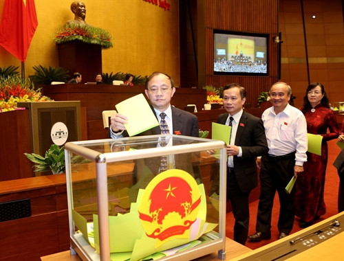 Đại biểu Quốc hội bỏ phiếu phê chuẩn đề nghị của Chủ tịch Hội đồng bầu cử quốc gia về việc miễn nhiệm một số Phó Chủ tịch và một số Ủy viên Hội đồng bầu cử quốc gia. Ảnh: Phương Hoa - TTXVN Đại biểu Quốc hội bỏ phiếu phê chuẩn đề nghị của Chủ tịch Hội đồng bầu cử quốc gia về việc miễn nhiệm một số Phó Chủ tịch và một số Ủy viên Hội đồng bầu cử quốc gia. Ảnh: Phương Hoa - TTXVN