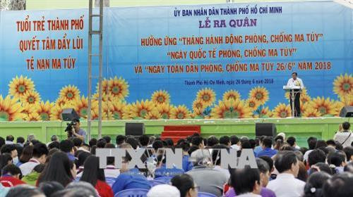 Quang cảnh lễ ra quân hưởng ứng “Tháng hành động phòng, chống ma túy” năm 2018. Ảnh: Thế Anh-TTXVN