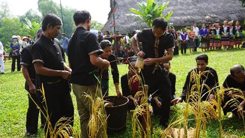 Đồng bào Khơ Mú tái hiện một số động tác gieo hạt, trồng lúa, thu hoạch trong lễ cầu mùa. Ảnh: Hoảng Hải