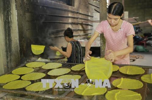 Làng nghề truyền thống bánh tráng, bánh ướt Lựu Bảo được công nhận là làng nghề thủ công truyền thống từ năm 2014. Ảnh: Hồ Cầu - TTXVN