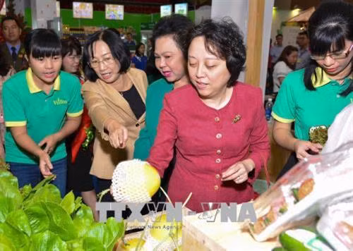 PGS.TS, Phạm Khánh Phong Lan, Trưởng Ban Quản lý An toàn thực phẩm Thành phố Hồ Chí Minh (thứ 4 từ trái qua) và các đại biểu tham gia Hội chợ xanh 2018. Ảnh Đinh Hằng – TTXVN
