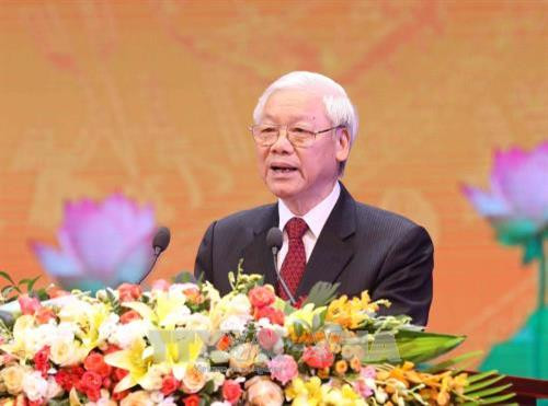 Tổng Bí thư Nguyễn Phú Trọng đọc Diễn văn tại Lễ kỷ niệm. Ảnh: Phương Hoa – TTXVN Tổng Bí thư Nguyễn Phú Trọng đọc Diễn văn tại Lễ kỷ niệm. Ảnh: Phương Hoa – TTXVN