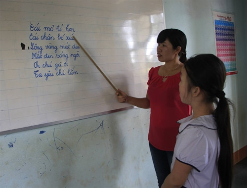 Cô giáo H'Khuin giảng bài cho các em. Ảnh: Dư Toán - TTXVN Cô giáo H'Khuin giảng bài cho các em. Ảnh: Dư Toán - TTXVN