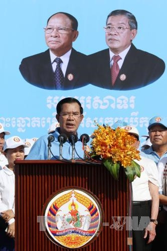 Thủ tướng Campuchia Samdech Techo Hun Sen tại cuộc vận động tranh cử ở Phnom Penh ngày 2/6. THX/TTXVN