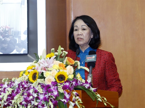 Đồng chí Trương Thị Mai, Ủy viên Bộ Chính trị, Bí thư Trung ương Đảng, trưởng Ban Dân vận Trung ương phát biểu tại hội nghị. Ảnh: An Đăng - TTXVN