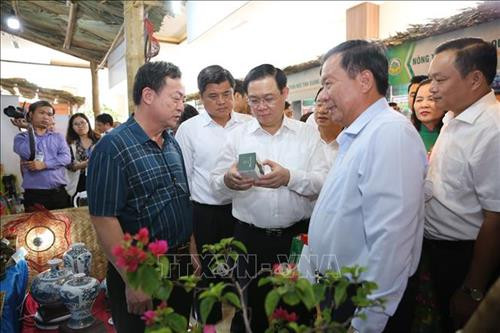 Phó Thủ tướng Vương Đình Huệ và các đại biểu tham quan khu trưng bày các sản phẩm nông nghiệp sạch. Ảnh: Bích Huệ - TTXVN Phó Thủ tướng Vương Đình Huệ và các đại biểu tham quan khu trưng bày các sản phẩm nông nghiệp sạch. Ảnh: Bích Huệ - TTXVN