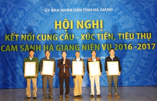 Cục Quản lý chất lượng nông, lâm sản và thủy sản - Bộ Nông nghiệp và Phát triển Nông thôn trao Giấy chứng nhận cam VietGap cho các hộ trồng, sản xuất cam sành Hà Giang. Ảnh: Minh Tâm-TTXVN. Cục Quản lý chất lượng nông, lâm sản và thủy sản - Bộ Nông nghiệp và Phát triển Nông thôn trao Giấy chứng nhận cam VietGap cho các hộ trồng, sản xuất cam sành Hà Giang. Ảnh: Minh Tâm-TTXVN.